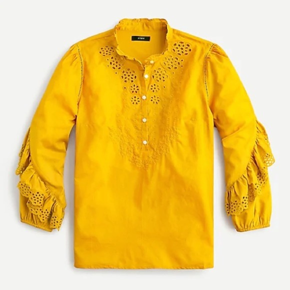 J. Crew Ruffle-Sleeve Embroidered Eyelet Top in Mustard Size Medium - Picture 10 of 10